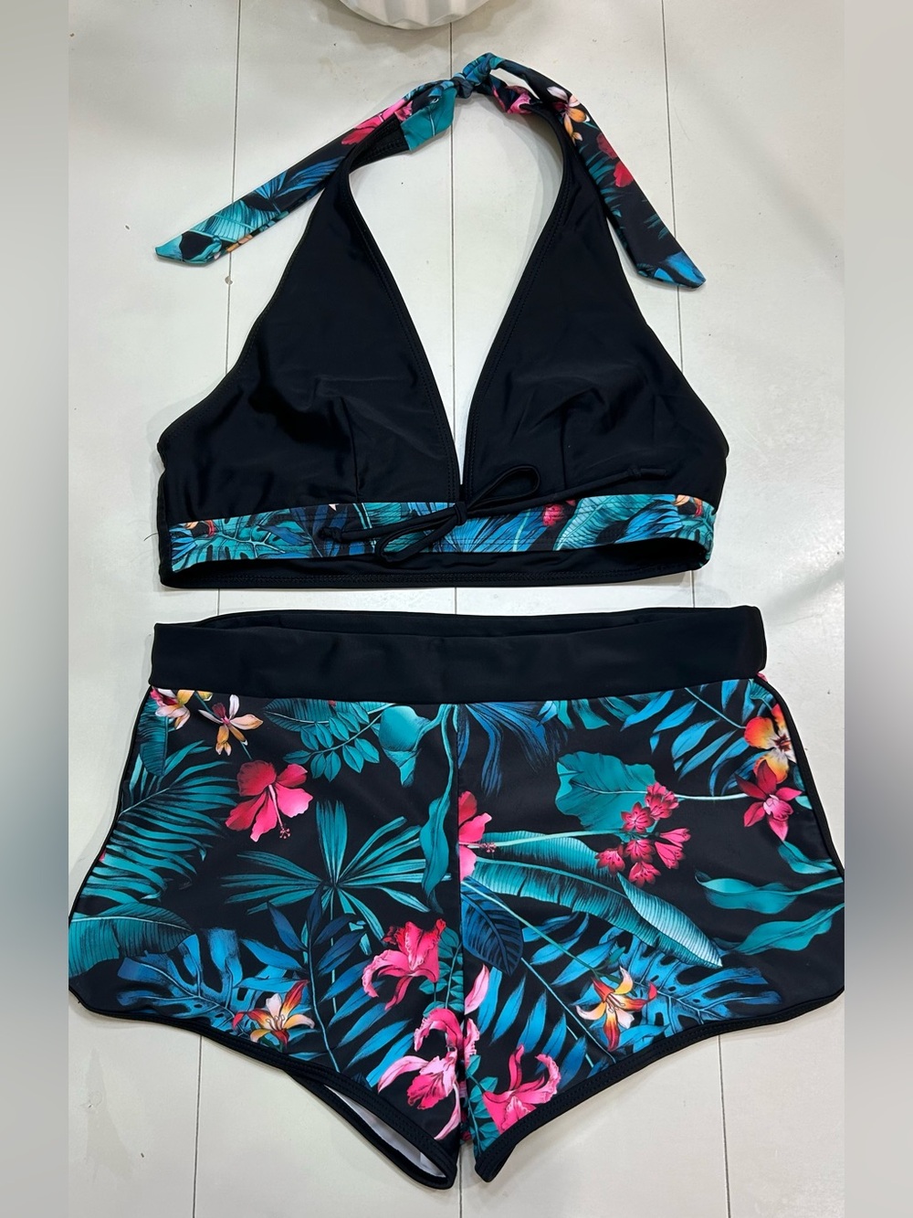SHEIN Black Tropical Floral Halter Bikini Top & Swim Shorts